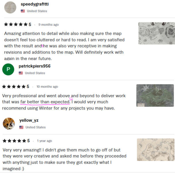 Range of 5-Star Reviews including 'Amazing attention to detail,' 'Far better than expected,' 'creative and receptive